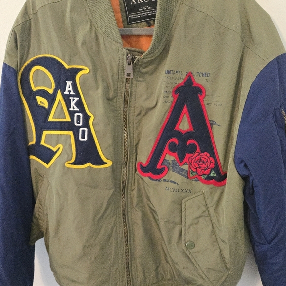 Akoo Bomber Letterman Varsity Jacket Mens Size Large American Flag Spellout - Picture 3 of 7